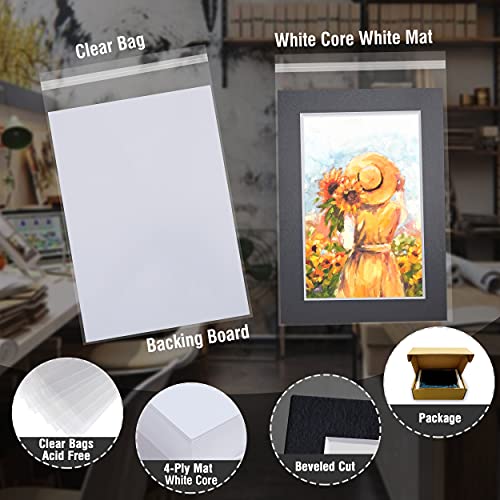 Acid Free 25 Pack 11x14 Pre-Cut Mat Board Show Kit for 8x10 Photos, Prints or Artworks, 25 Core Bevel Cut Matts and 25 Backing Boards and 25 Crystal Plastic Bags, Black