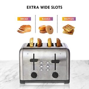 Kenmore 4-Slice Toaster, Stainless Steel, Dual Controls, Extra Wide Slots, Bagel and Defrost Functions, 9 Browning Levels, Removable Crumb Trays, for Bread, Toast, English Muffin, Toaster Strudel