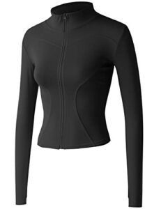 gacaky women's slim fit lightweight athletic full zip stretchy workout running track jacket with thumb holes black m
