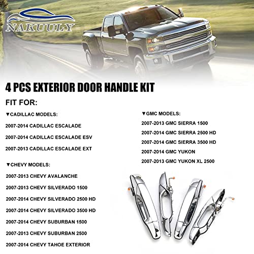 Exterior Chrome Door Handle 4 PCS Front Rear Driver & Passenger Compatible with 2007-2014 Cadillac Escalade Chevy Avalanche Silverado Suburban GMC Sierra Yukon OE # 20828258 22738721 25960525 22738722