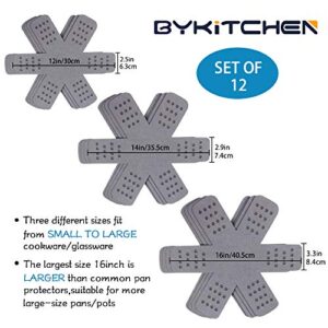 BYKITCHEN Pan Pot Protectors, Larger & Thicker Pan Protector with Stars, Set of 12 and 3 Different Sizes, Gray Pot Separator Pads for Stacking and Protecting Your Cookware