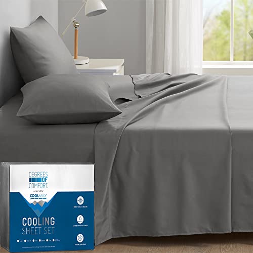 DEGREES OF COMFORT Coolmax Cooling Sheets | Queen Size Bed Sheet Set for Hot Sleepers | Soft Fabric with Deep Pocket, Grey-4PC