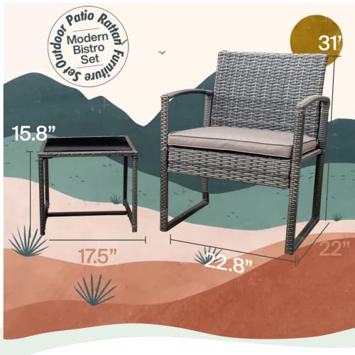 Pyramid Home Decor Vesso 3-Piece Outdoor Patio Furniture Set, Patio Rattan Chair Set, Modern Bistro Set with Coffee Table, Garden Balcony Backyard Poolside, Coffee