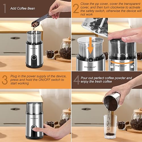 Aigostar Coffee Grinder Electric, 160W Detachable Coffee Bean and Spice Grinders, Stainless Steel Blade & Removable Bowl, Easy Cleaning, 2.6 OZ, Black