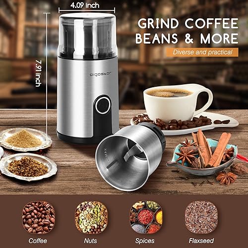 Aigostar Coffee Grinder Electric, 160W Detachable Coffee Bean and Spice Grinders, Stainless Steel Blade & Removable Bowl, Easy Cleaning, 2.6 OZ, Black