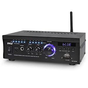 pyle bluetooth computer speaker amplifier - 2x120 watt home stereo power amplifier home audio receiver system w/blue led display, usb/sd, aux, rca, headphone jack - remote - pcau46ba.5