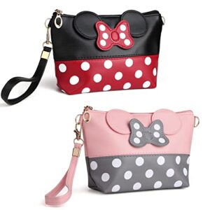 yiwoo 2 pack cosmetic bag mouse ears bag with zipper,cartoon leather travel makeup handbag with bow-knot, cute portable toiletry pouch for women teen girls kids（pink&black）