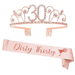 "dirty thirty" sash and rhinestone crown set - 30th birthday party gifts birthday sash for women birthday party supplies