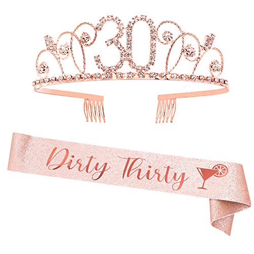 "Dirty Thirty" Sash and Rhinestone Crown Set - 30th Birthday Party Gifts Birthday Sash for Women Birthday Party Supplies