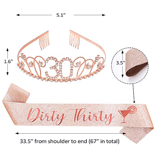 "Dirty Thirty" Sash and Rhinestone Crown Set - 30th Birthday Party Gifts Birthday Sash for Women Birthday Party Supplies