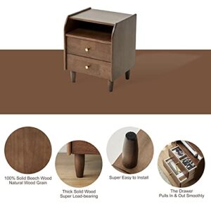 ESPSENT Modern 2-Drawer Nightstand Solid Wood Sofa Side End Table with Storage Compartment and Legs (Dark Walnut)