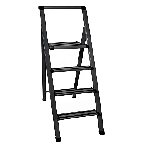 Step Ladder 4 Step Folding, Decorative - Modern Beautiful Grey Aluminum, Ultra Slim Profile, Anti Slip Steps, Sturdy-Portable for Home, Office, Kitchen, Photography Use,by SORFEY