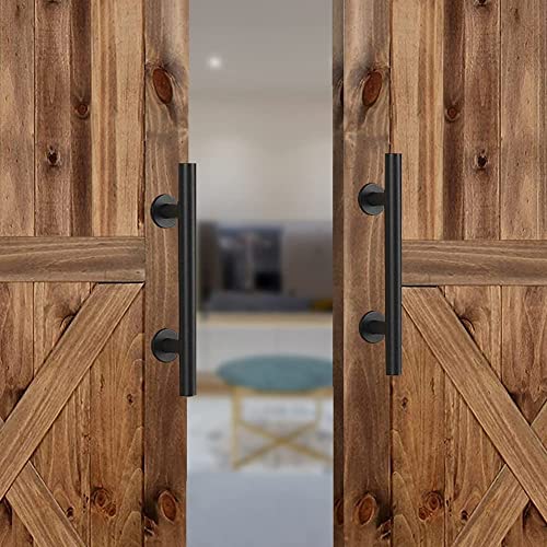 Barn Door Handles Black 12 inch - Sliding Barn Door Handle with Lock Barndoor Hardware Set, Bard Flat Back Plate - Barnwood kit, Inset Knobs Closet Finger Flush Pulls Barnyard Barb Latch Closure Pull