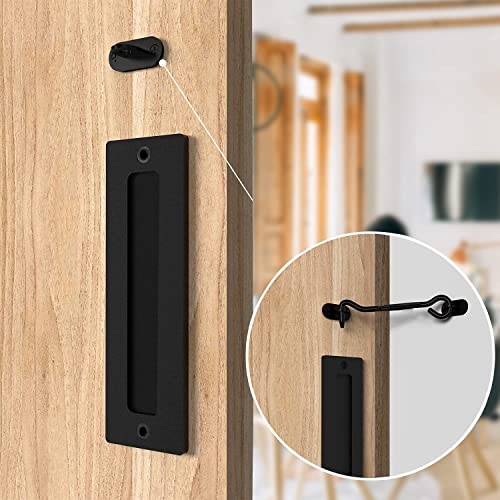 Barn Door Handles Black 12 inch - Sliding Barn Door Handle with Lock Barndoor Hardware Set, Bard Flat Back Plate - Barnwood kit, Inset Knobs Closet Finger Flush Pulls Barnyard Barb Latch Closure Pull