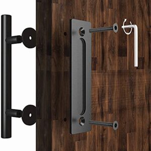 Barn Door Handles Black 12 inch - Sliding Barn Door Handle with Lock Barndoor Hardware Set, Bard Flat Back Plate - Barnwood kit, Inset Knobs Closet Finger Flush Pulls Barnyard Barb Latch Closure Pull