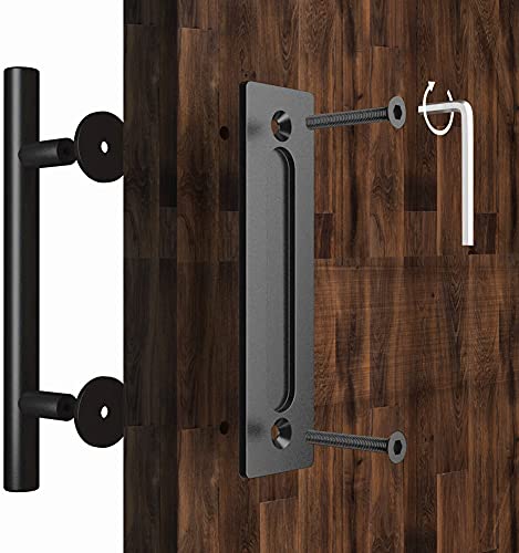 Barn Door Handles Black 12 inch - Sliding Barn Door Handle with Lock Barndoor Hardware Set, Bard Flat Back Plate - Barnwood kit, Inset Knobs Closet Finger Flush Pulls Barnyard Barb Latch Closure Pull