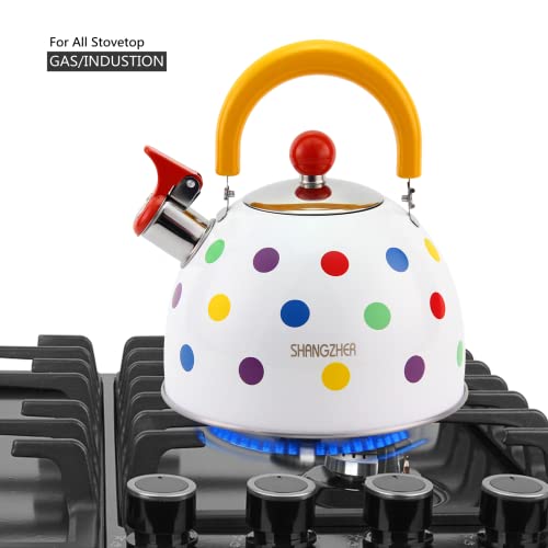 SHANGZHER Cute Tea Kettle Stovetop Whistling Colorful Polka Dots Kettle Stainless Steel Tea Pot Foldable Handle (Polka dots 2.6 Quart / 2.5 Liter)