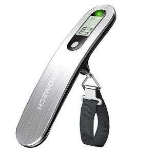 bromech digital luggage scale, 110lbs hanging baggage scale, portable suitcase weighing scale stainless steel, travel luggage weight scale with hook, strong straps for travelers, battery incl., silver