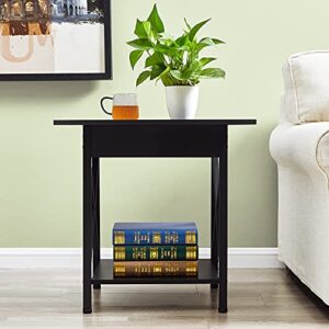 GreenForest End Table Large 24 inch Farmhouse Industrial Design Side Table Nightstand with Storage Shelf for Living Room, Easy Assembly, Black