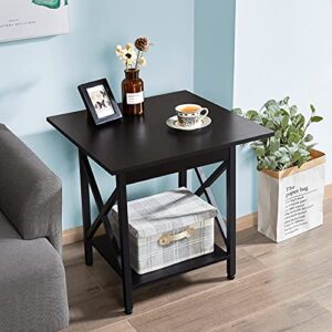 GreenForest End Table Large 24 inch Farmhouse Industrial Design Side Table Nightstand with Storage Shelf for Living Room, Easy Assembly, Black