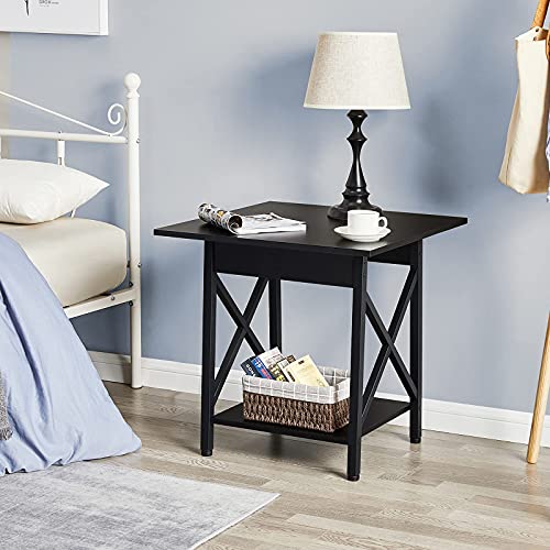 GreenForest End Table Large 24 inch Farmhouse Industrial Design Side Table Nightstand with Storage Shelf for Living Room, Easy Assembly, Black