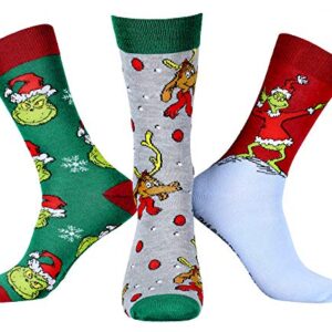 Dr Seuss The Grinch Character Design Adult Holiday 3 Pair Crew Socks