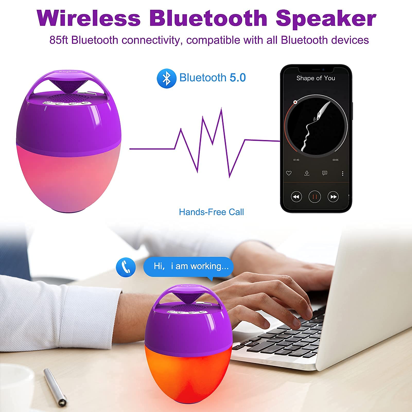 Wireless Bluetooth 5.0 Speaker, Pool Floating Speaker IP68 Waterproof with 8 Modes Color Changing Lights, HD Stereo Sound & Rich Bass, Hands-Free Portable Shower Speaker for Hot Tub, Bathtub, Outdoor