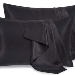 Pothuiny 4 Pack Satin Pillowcase for Hair and Skin Queen, Black Silk Pillowcase Set of 4, Smooth Silky Pillow Covers for Women, with Envelope Closure (20x40 Inches)