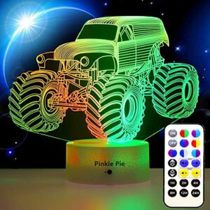 pinkie pie kids 3d led lamp monster truck for boys night light for kids, soft light lamps for bedrooms with remote dimmable 14 colors room decor for 3 4 5 9 10+ year old kids birthday easter xmas gift