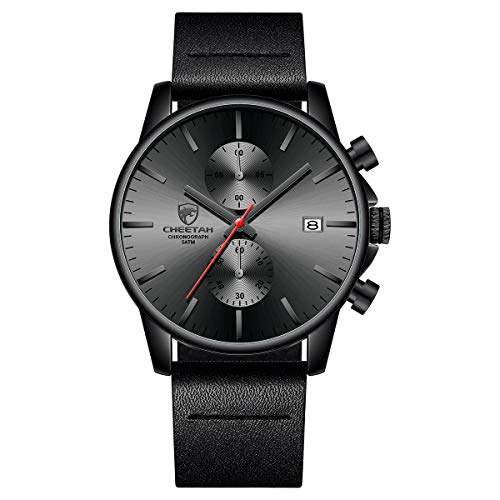 GOLDEN HOUR Men's Fashion Sport Quartz Watches with Black Leather Strap Waterproof Chronograph Watch, Auto Date in Red Hands