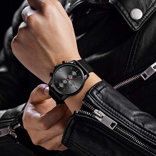 GOLDEN HOUR Men's Fashion Sport Quartz Watches with Black Leather Strap Waterproof Chronograph Watch, Auto Date in Red Hands
