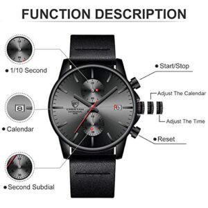 GOLDEN HOUR Men's Fashion Sport Quartz Watches with Black Leather Strap Waterproof Chronograph Watch, Auto Date in Red Hands