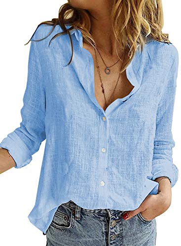 Astylish Women V Neck Solid Roll Up Sleeve Collared Shirts Blouses Summer Linen Tops for Teen Girls Blue Large