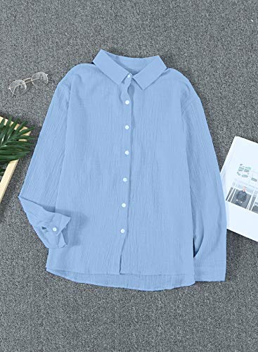 Astylish Women V Neck Solid Roll Up Sleeve Collared Shirts Blouses Summer Linen Tops for Teen Girls Blue Large