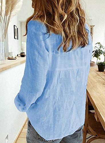 Astylish Women V Neck Solid Roll Up Sleeve Collared Shirts Blouses Summer Linen Tops for Teen Girls Blue Large