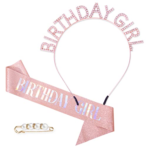 Birthday Crown for Girls, ADIIL Birthday Girl Sash and Birthday Tiara for Women Set, Rose Gold Birthday Girl Headband and Birthday Sash for Women, Happy Birthday Accessories Gifts