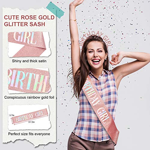 Aurmigle Birthday Crowns for Women, Rose-Gold Birthday Girl Sash & Birthday Tiara for Women Set, Princess Rhinestone Birthday Girl Headband Birthday Gifts for Women, Sweet Happy Birthday Accessories