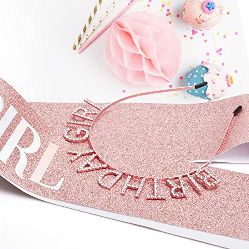 Aurmigle Birthday Crowns for Women, Rose-Gold Birthday Girl Sash & Birthday Tiara for Women Set, Princess Rhinestone Birthday Girl Headband Birthday Gifts for Women, Sweet Happy Birthday Accessories