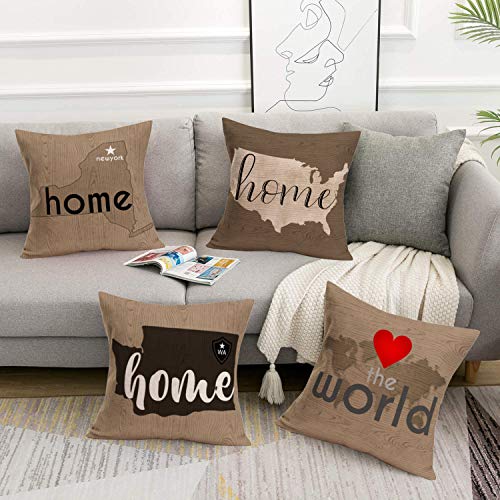 Xihomeli Cotton Linen Home Decorative 18x18 Inch Throw Pillow Covers Set of 4 Wood Grain America Map Washington New York Cushion Case Love The World Quotes Pillowcase