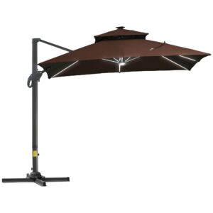 outsunny 10ft cantilever patio umbrella with solar led lights, double top square outdoor offset umbrella with 360° rotation, 4-position tilt, crank & cross base for garden, deck, pool, brown