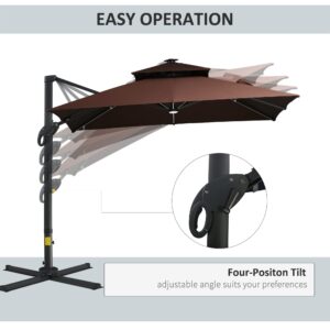 Outsunny 10FT Cantilever Patio Umbrella with Solar LED Lights, Double Top Square Outdoor Offset Umbrella with 360° Rotation, 4-Position Tilt, Crank & Cross Base for Garden, Deck, Pool, Brown