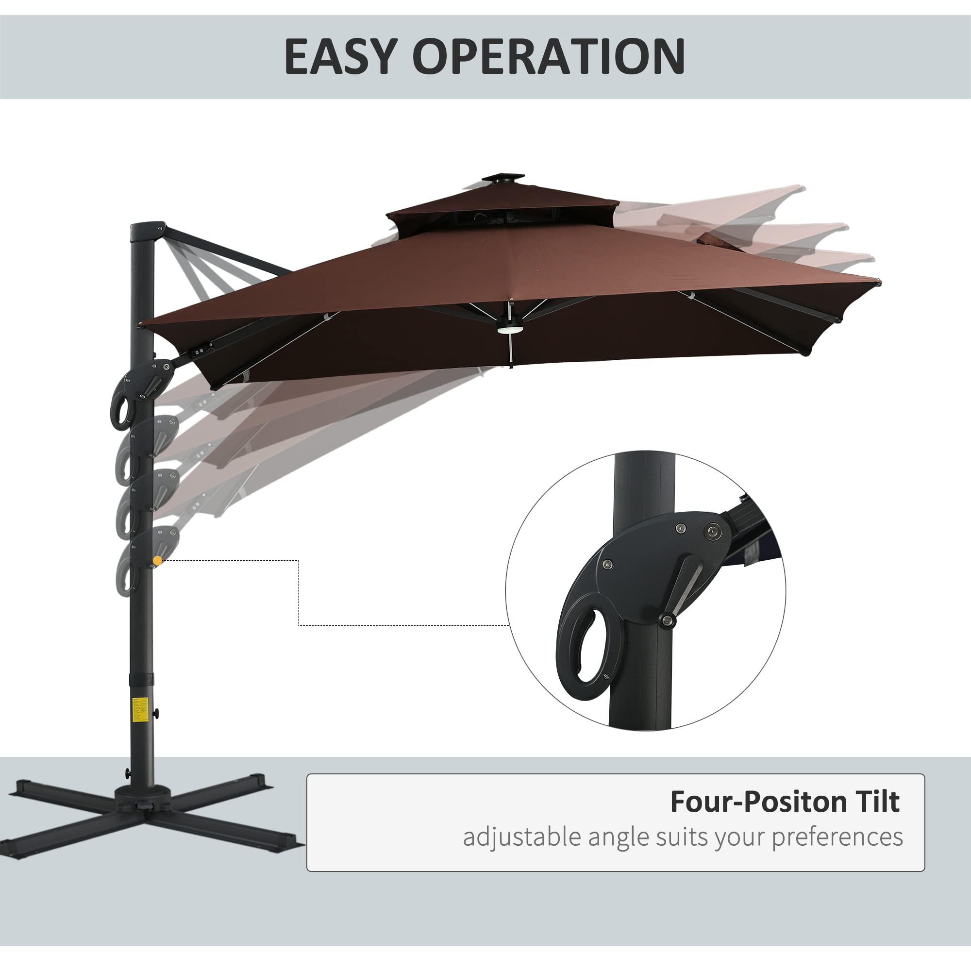 Outsunny 10FT Cantilever Patio Umbrella with Solar LED Lights, Double Top Square Outdoor Offset Umbrella with 360° Rotation, 4-Position Tilt, Crank & Cross Base for Garden, Deck, Pool, Brown