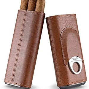 Oyydecor Cigar Case Cigar 3- Finger Carrying Case Set Cedar Wood Lined Leather, Cigar Humidor with Silver Stainless Steel Cutter (Brown)