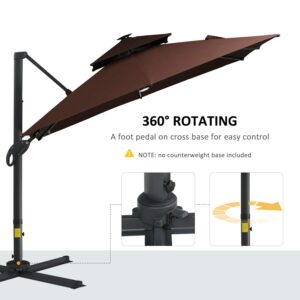 Outsunny 10FT Cantilever Patio Umbrella with Solar LED Lights, Double Top Square Outdoor Offset Umbrella with 360° Rotation, 4-Position Tilt, Crank & Cross Base for Garden, Deck, Pool, Brown