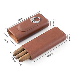 Oyydecor Cigar Case Cigar 3- Finger Carrying Case Set Cedar Wood Lined Leather, Cigar Humidor with Silver Stainless Steel Cutter (Brown)