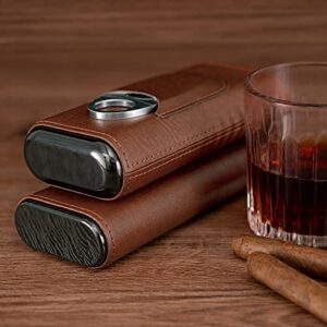 Oyydecor Cigar Case Cigar 3- Finger Carrying Case Set Cedar Wood Lined Leather, Cigar Humidor with Silver Stainless Steel Cutter (Brown)