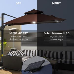 Outsunny 10FT Cantilever Patio Umbrella with Solar LED Lights, Double Top Square Outdoor Offset Umbrella with 360° Rotation, 4-Position Tilt, Crank & Cross Base for Garden, Deck, Pool, Brown