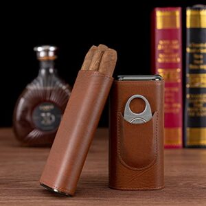 Oyydecor Cigar Case Cigar 3- Finger Carrying Case Set Cedar Wood Lined Leather, Cigar Humidor with Silver Stainless Steel Cutter (Brown)