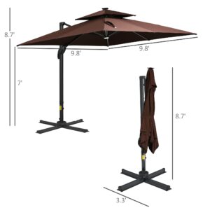 Outsunny 10FT Cantilever Patio Umbrella with Solar LED Lights, Double Top Square Outdoor Offset Umbrella with 360° Rotation, 4-Position Tilt, Crank & Cross Base for Garden, Deck, Pool, Brown