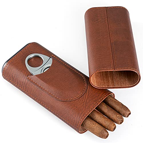 Oyydecor Cigar Case Cigar 3- Finger Carrying Case Set Cedar Wood Lined Leather, Cigar Humidor with Silver Stainless Steel Cutter (Brown)